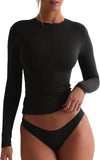 Quarter Zip Sexy V Neck Long Sleeve Cropped Top - REORIA