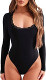 Scoop Neck Long Sleeve Double Lined Layering Slim Bodysuit Tops - REORIA