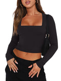 Square Neck Basics Y2K Tops Layering Slim Fitted Top - REORIA