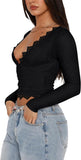 V-Neck Long Sleeve Shirts Trendy Lace Y2K Going Out Crop Top - REORIA