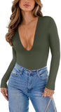 Trendy Sexy Plunge Deep V Neck Long Sleeve Bodysuit Double Lined Going Out Tops - REORIA