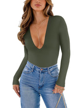 Trendy Sexy Plunge Deep V Neck Long Sleeve Bodysuit Double Lined Going Out Tops - REORIA