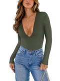 Trendy Sexy Plunge Deep V Neck Long Sleeve Bodysuit Double Lined Going Out Tops - REORIA