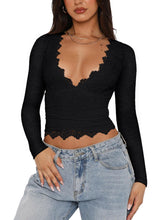 V-Neck Long Sleeve Shirts Trendy Lace Y2K Going Out Crop Top - REORIA