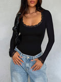 Scoop Neck Long Sleeve Double Lined Layering Slim Bodysuit Tops - REORIA