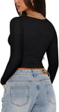 V-Neck Long Sleeve Shirts Trendy Lace Y2K Going Out Crop Top - REORIA