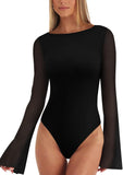 Boat Neck Bell Sleeve Sheer Mesh Going Out Bodysuit Tops - REORIA - B0DCV8SQDH