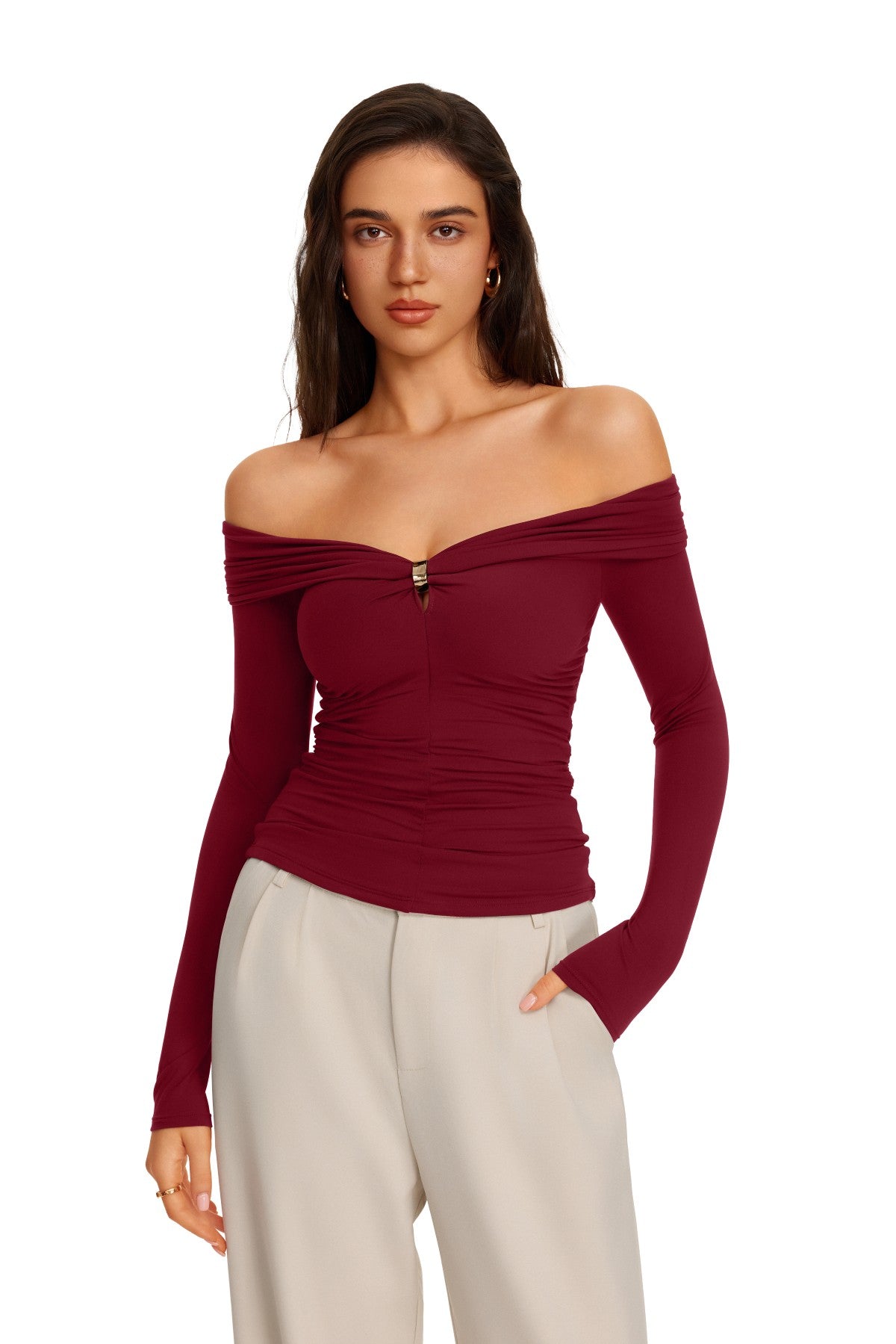 Off Shoulder Long Sleeve Cutout Ring Ruched Slim Fit Top