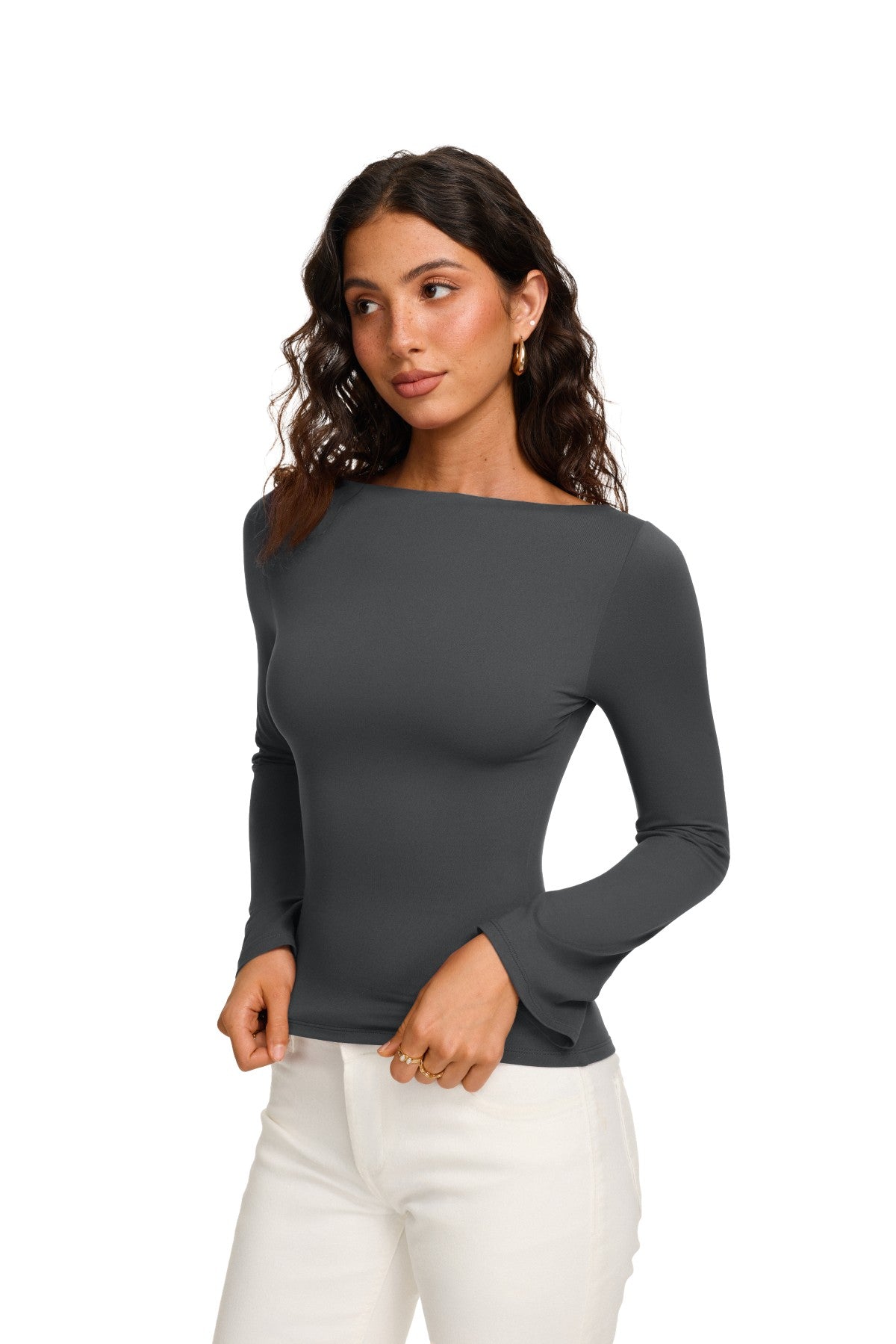 Double Lined Boat Neck Bell Sleeve Crop Top