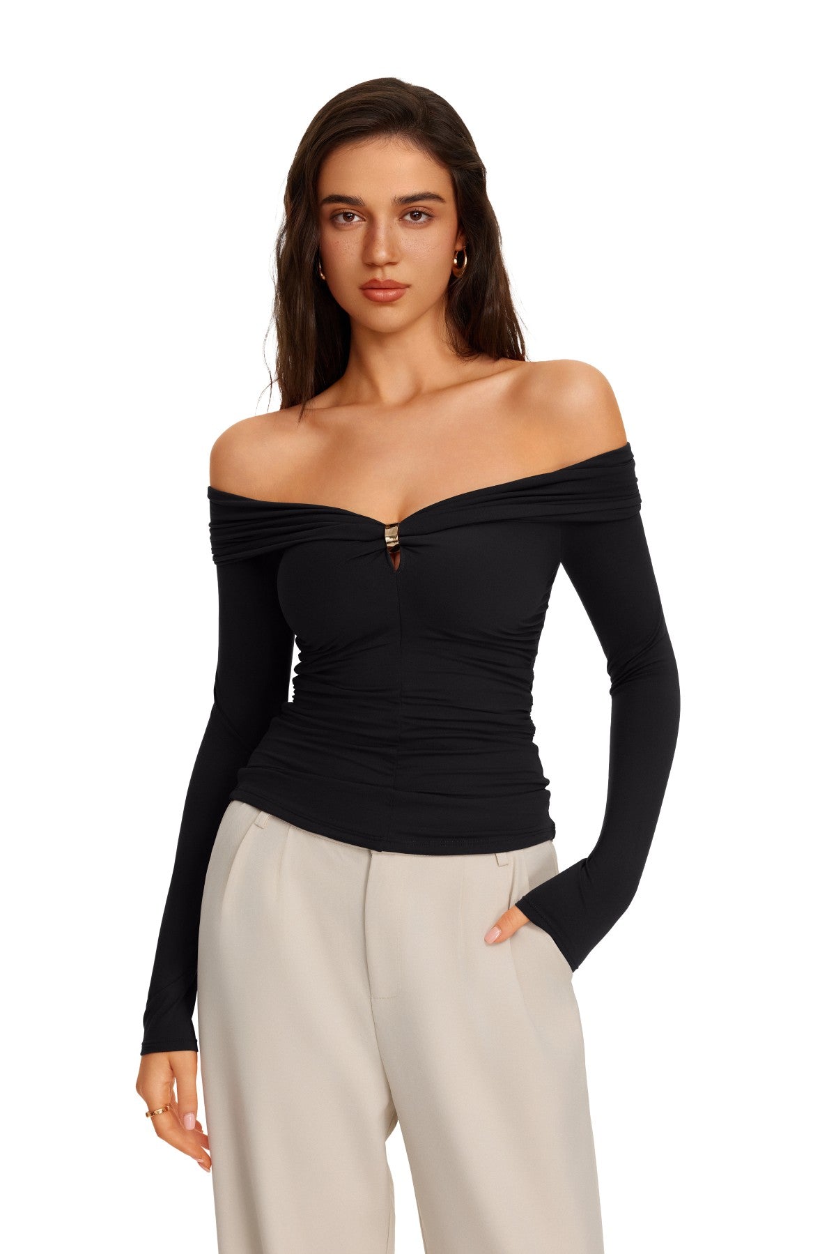 Off Shoulder Long Sleeve Cutout Ring Ruched Slim Fit Top