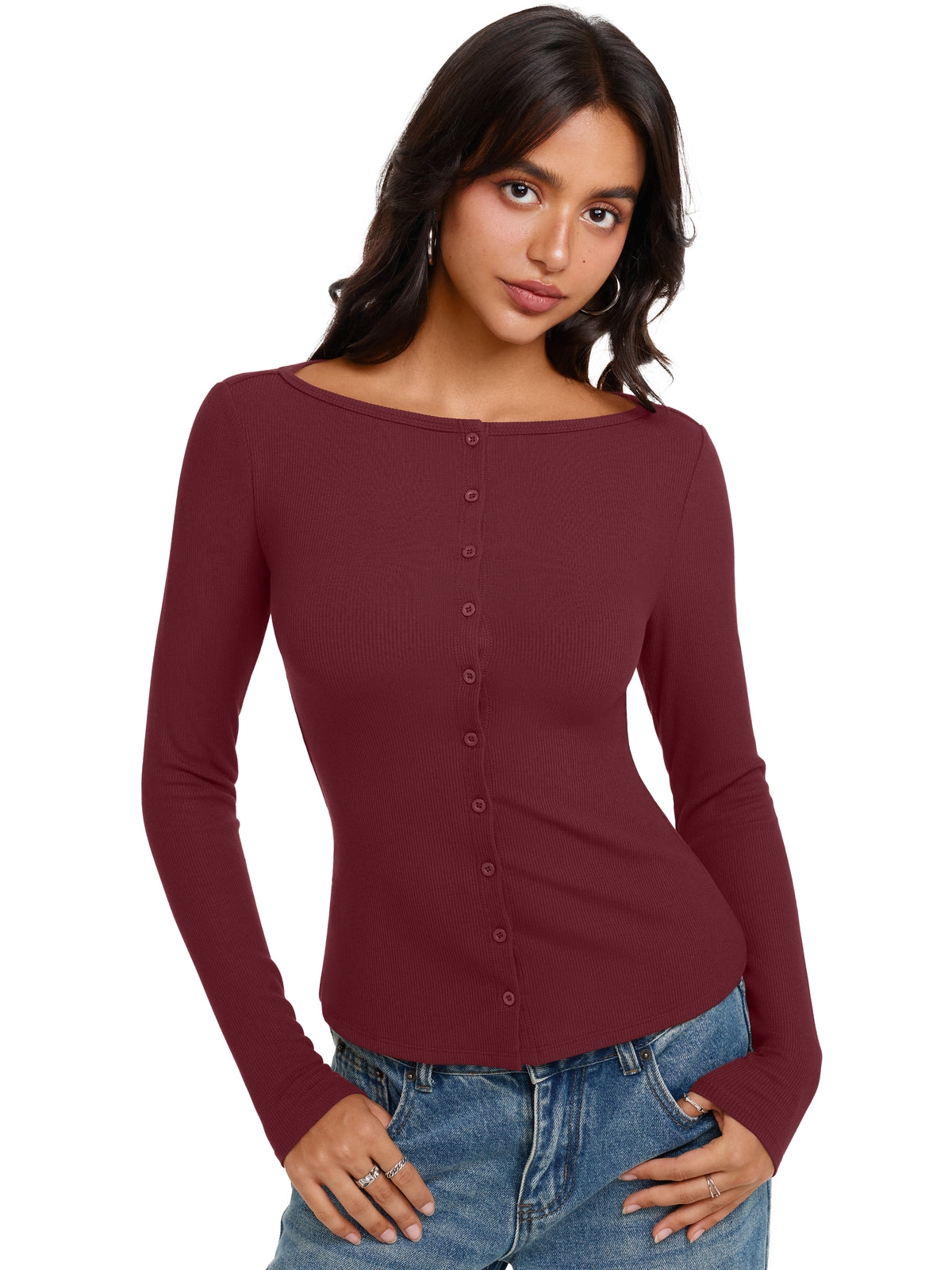 Long Sleeve Boat Neck Button Down Cardigan Top
