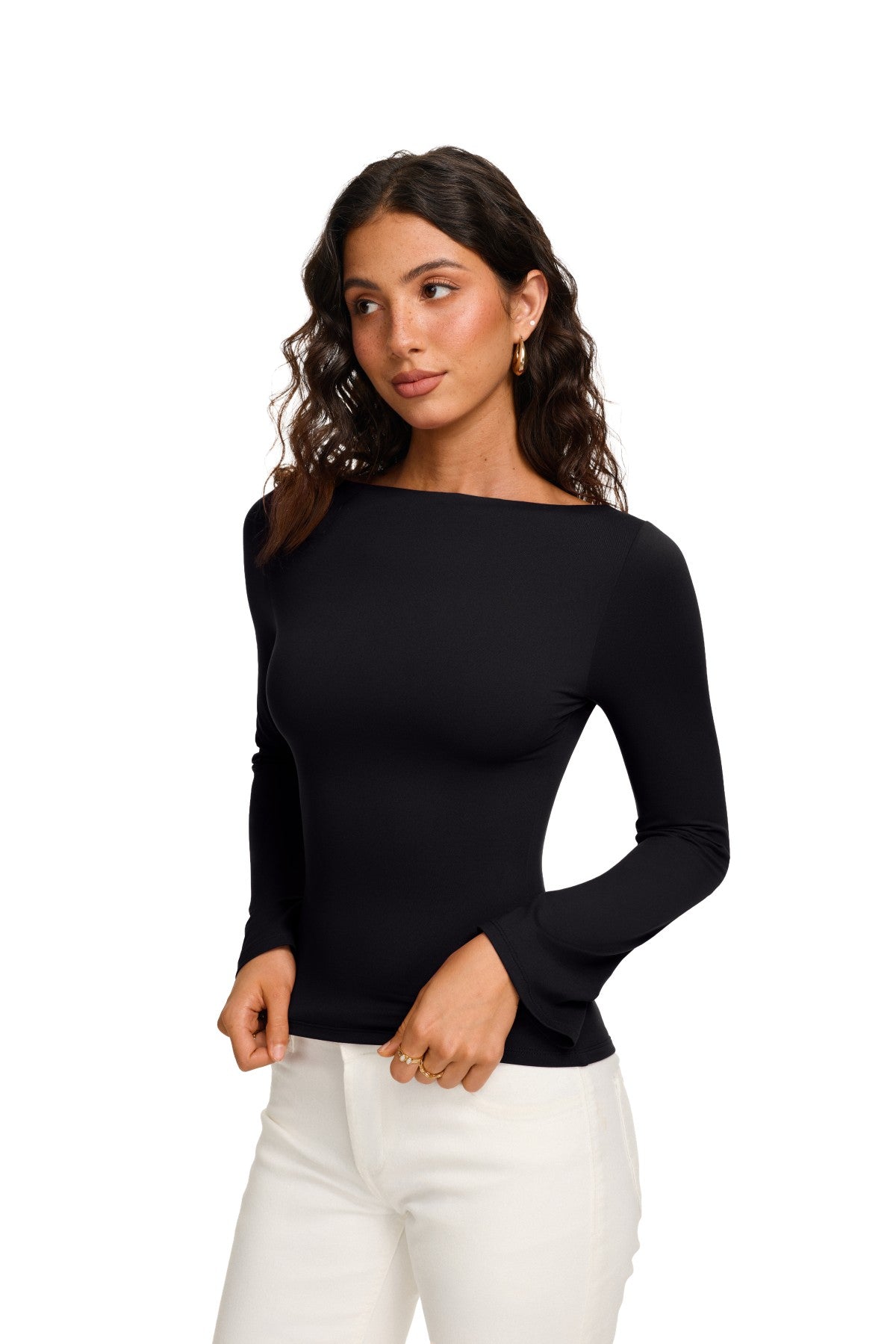 Double Lined Boat Neck Bell Sleeve Crop Top