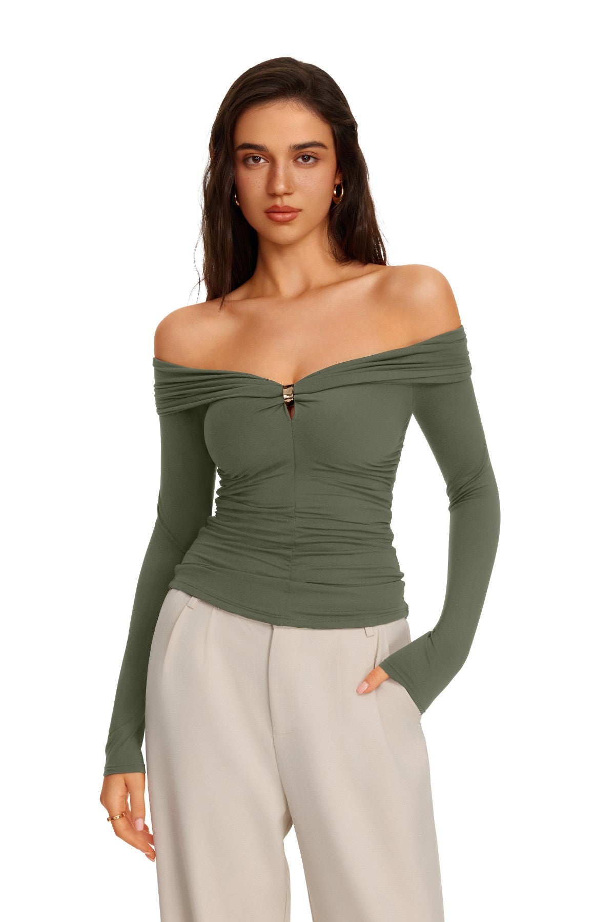 Off Shoulder Long Sleeve Cutout Ring Ruched Slim Fit Top