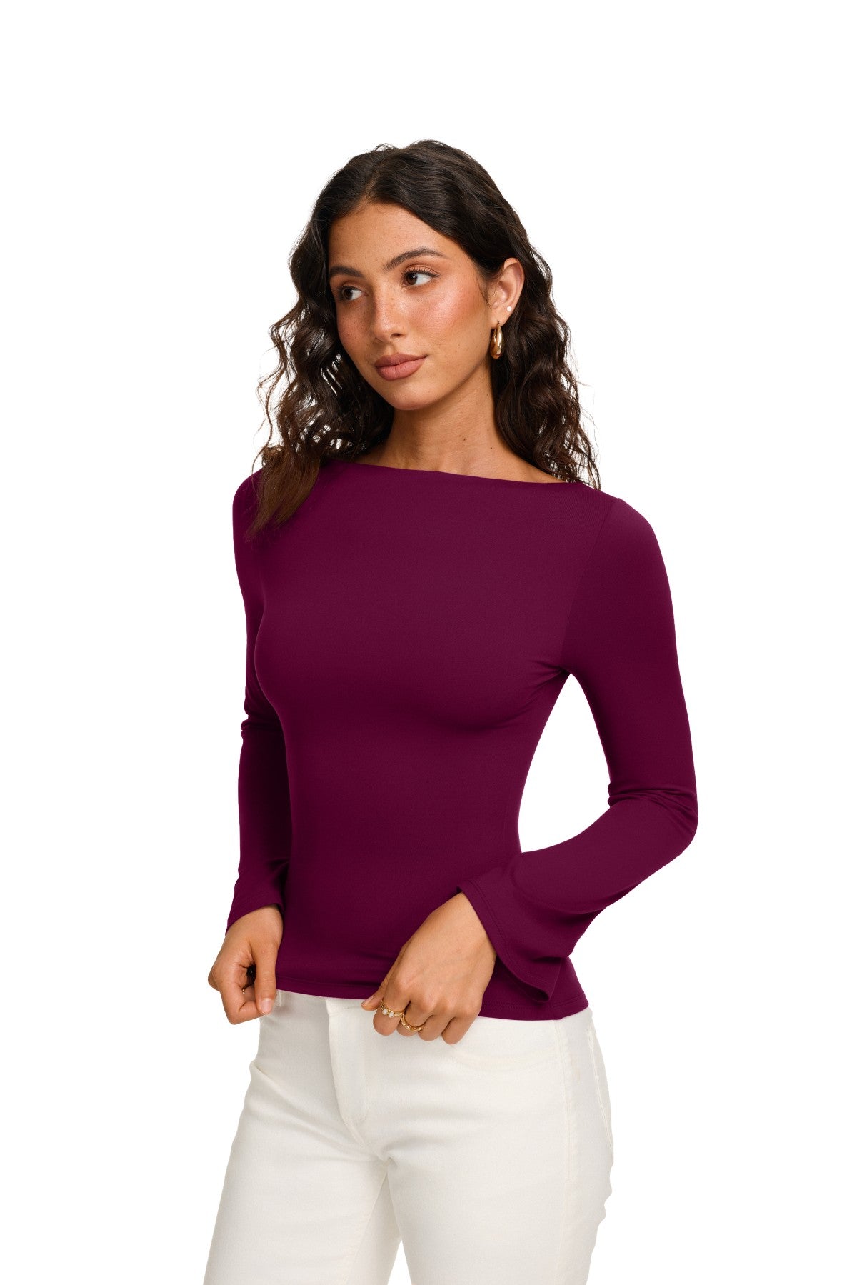 Double Lined Boat Neck Bell Sleeve Crop Top