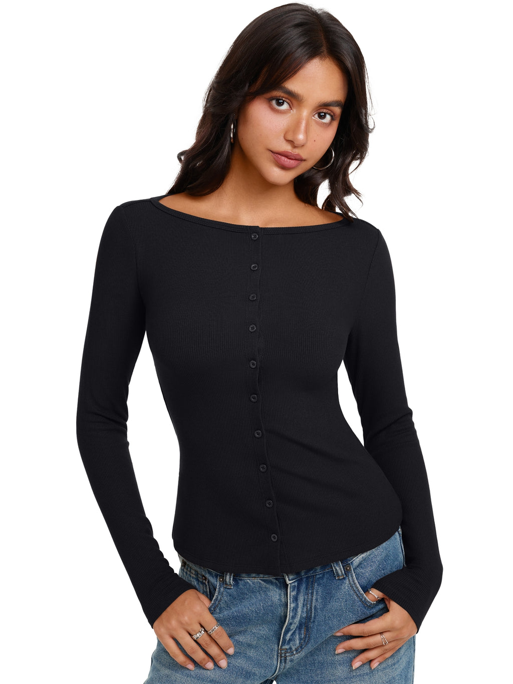 Long Sleeve Boat Neck Button Down Cardigan Top