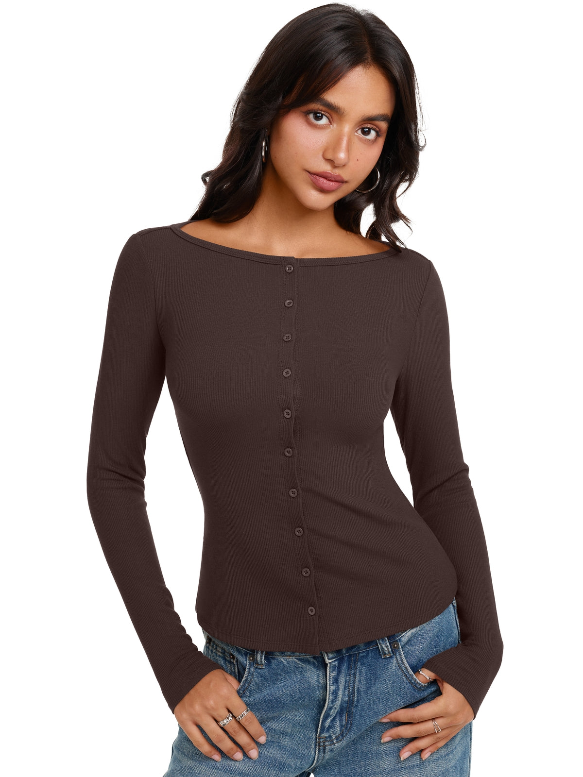 Long Sleeve Boat Neck Button Down Cardigan Top