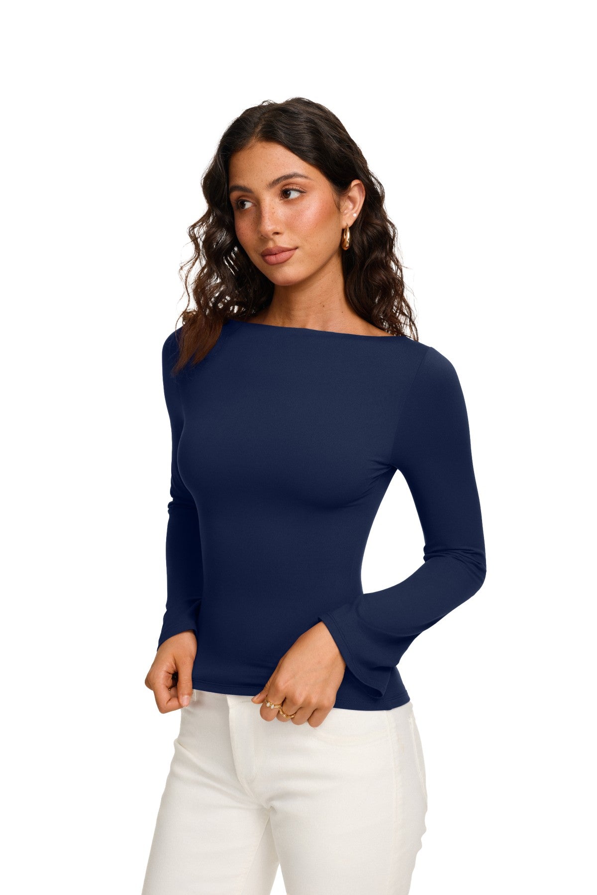 Double Lined Boat Neck Bell Sleeve Crop Top