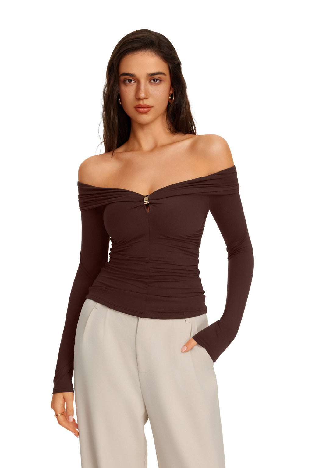 Off Shoulder Long Sleeve Cutout Ring Ruched Slim Fit Top