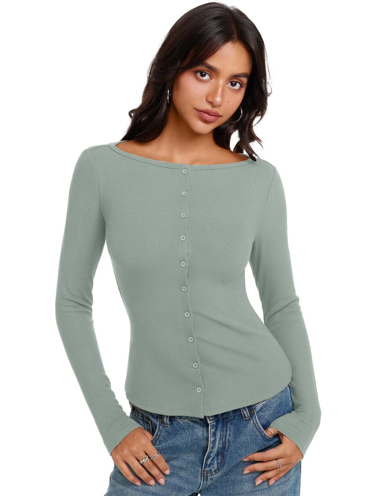 Long Sleeve Boat Neck Button Down Cardigan Top