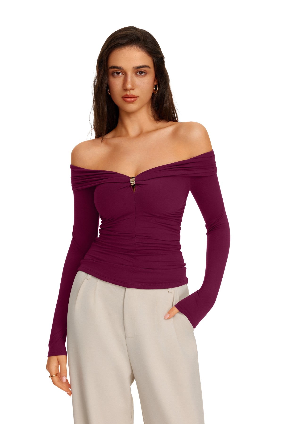 Off Shoulder Long Sleeve Cutout Ring Ruched Slim Fit Top