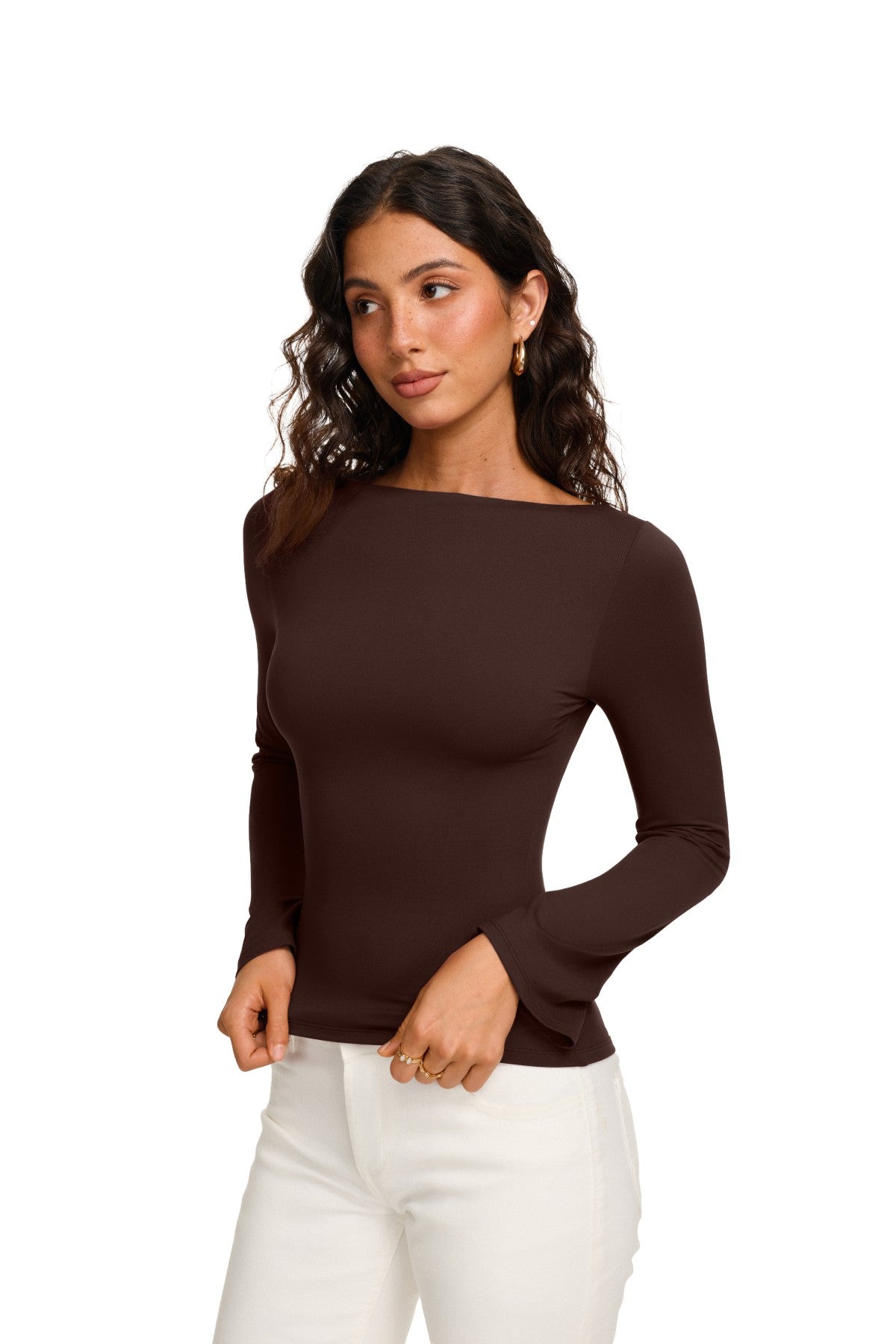 Double Lined Boat Neck Bell Sleeve Crop Top