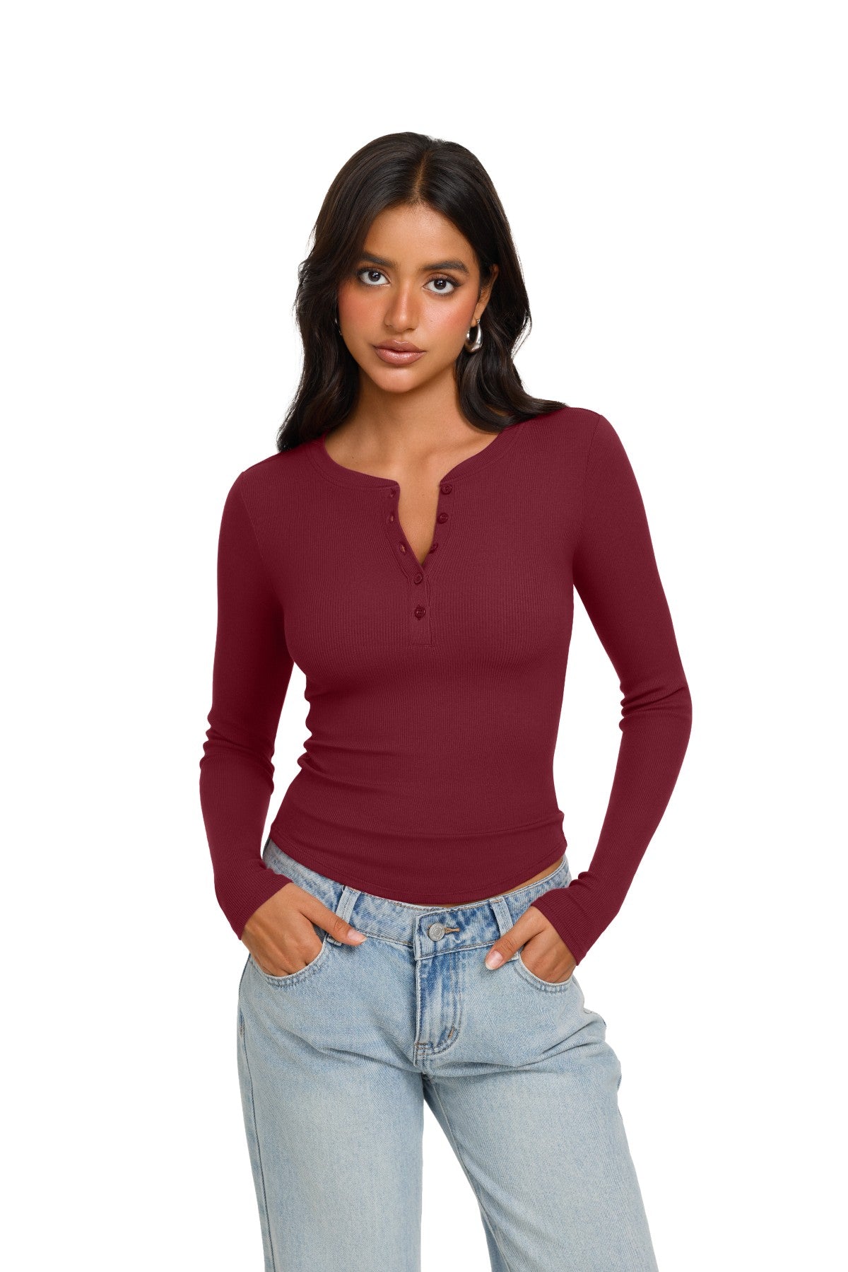 Long Sleeve Henley Shirt Button Ribbed Knit Top