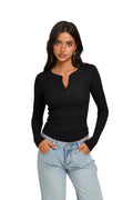 Long Sleeve Henley Shirt Button Ribbed Knit Top