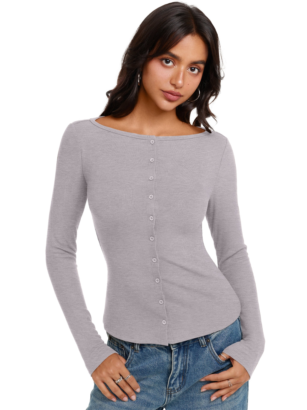 Long Sleeve Boat Neck Button Down Cardigan Top