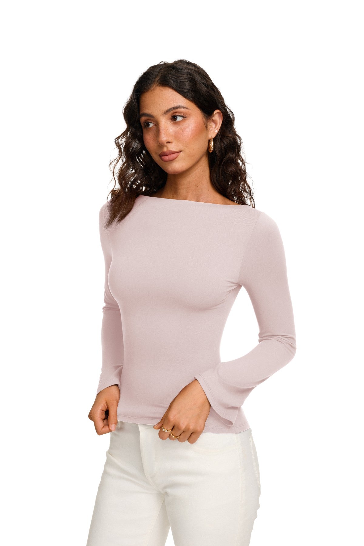 Double Lined Boat Neck Bell Sleeve Crop Top