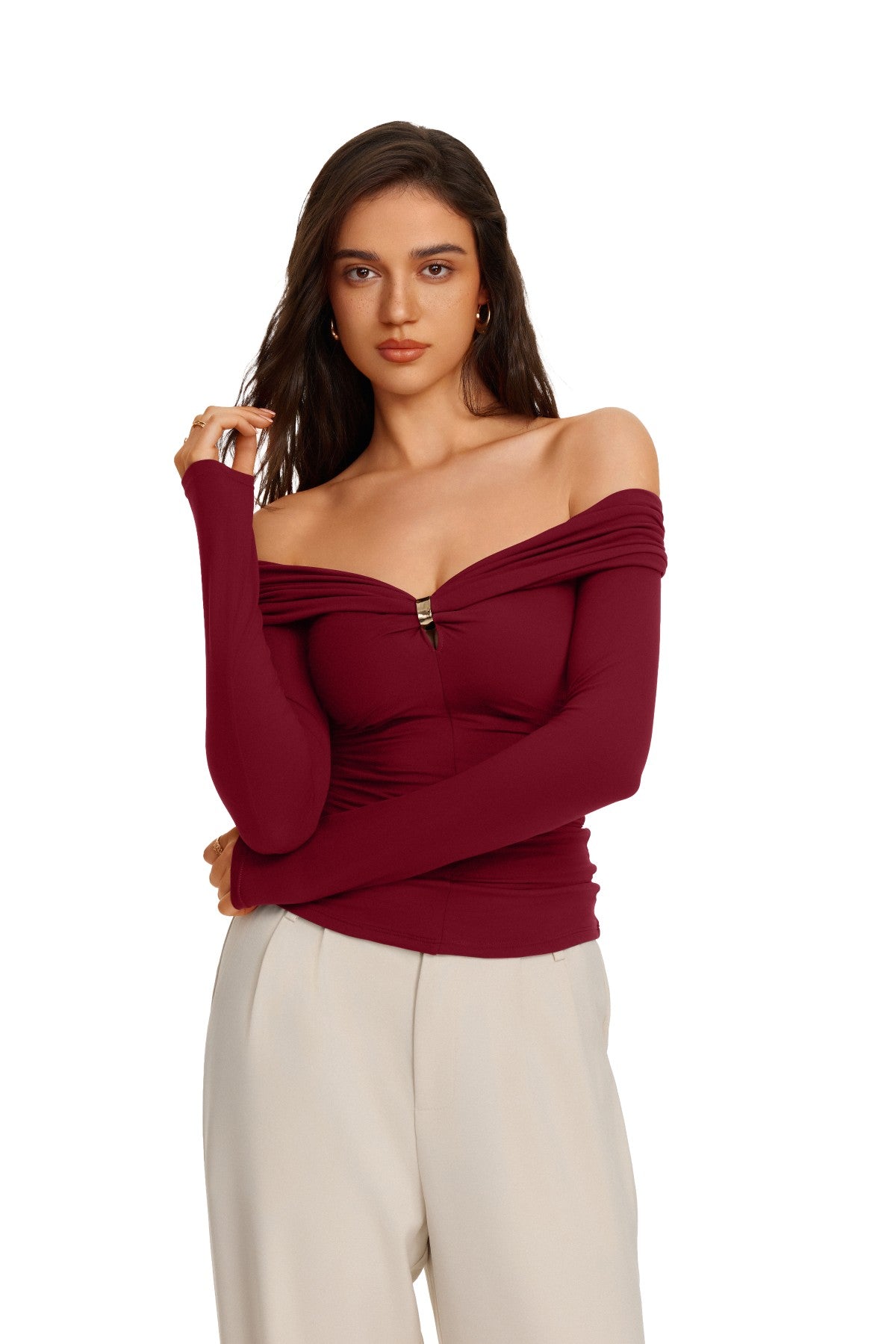Off Shoulder Long Sleeve Cutout Ring Ruched Slim Fit Top