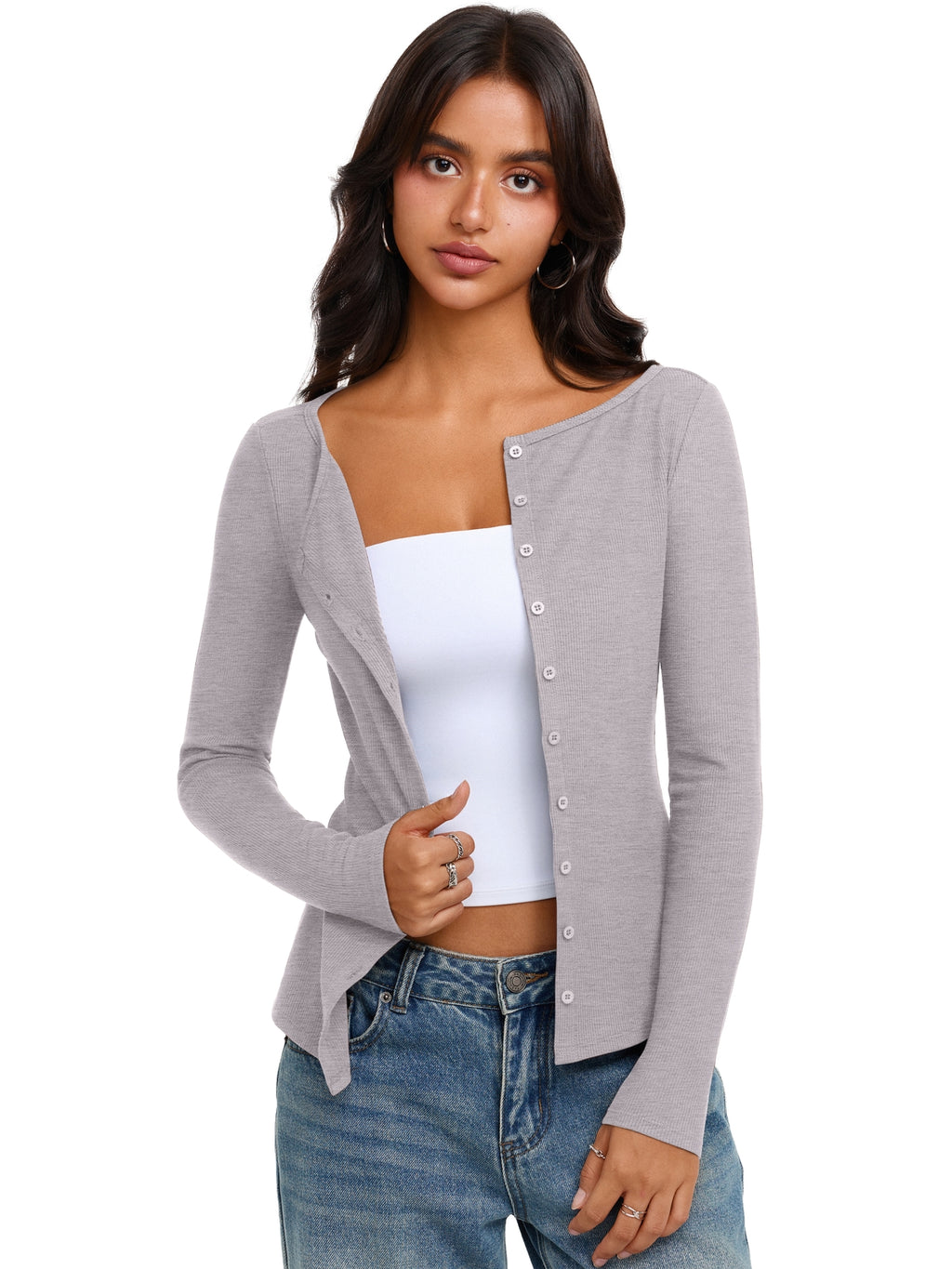Long Sleeve Boat Neck Button Down Cardigan Top