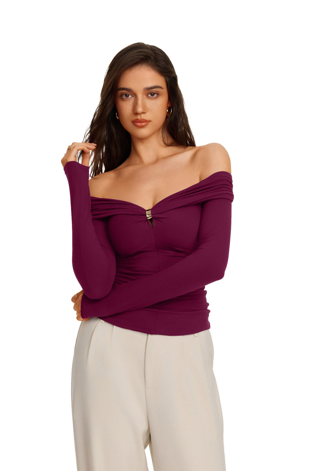 Off Shoulder Long Sleeve Cutout Ring Ruched Slim Fit Top