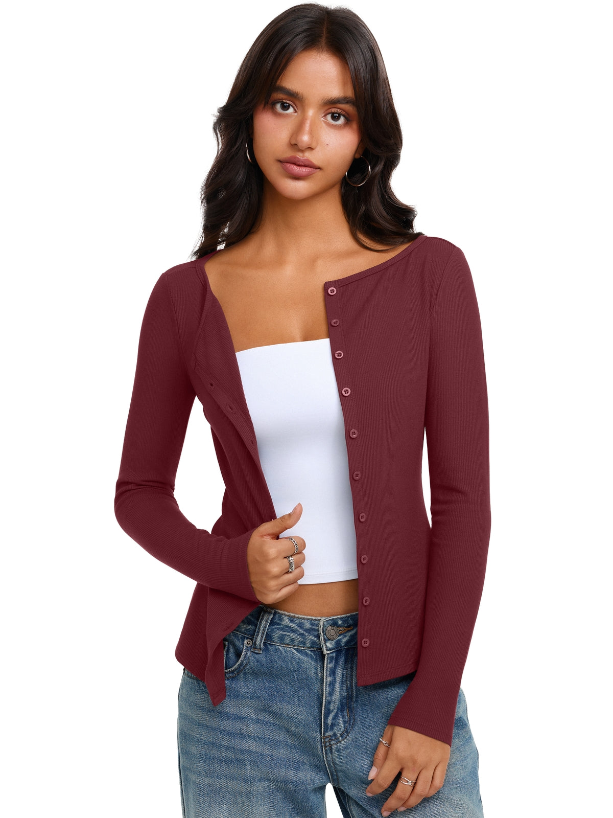 Long Sleeve Boat Neck Button Down Cardigan Top