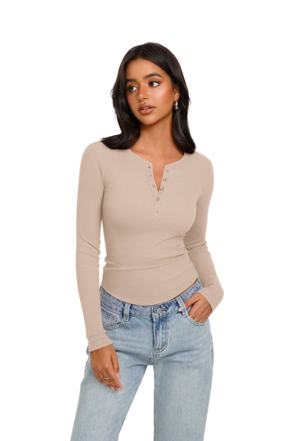 Long Sleeve Henley Shirt Button Ribbed Knit Top