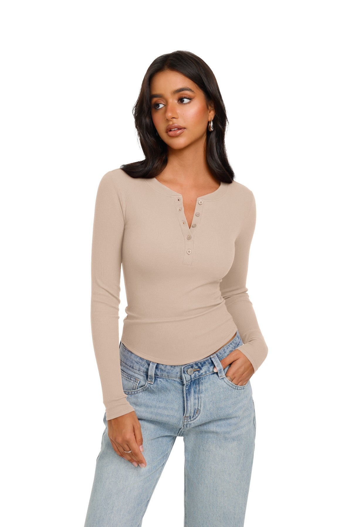 Long Sleeve Henley Shirt Button Ribbed Knit Top