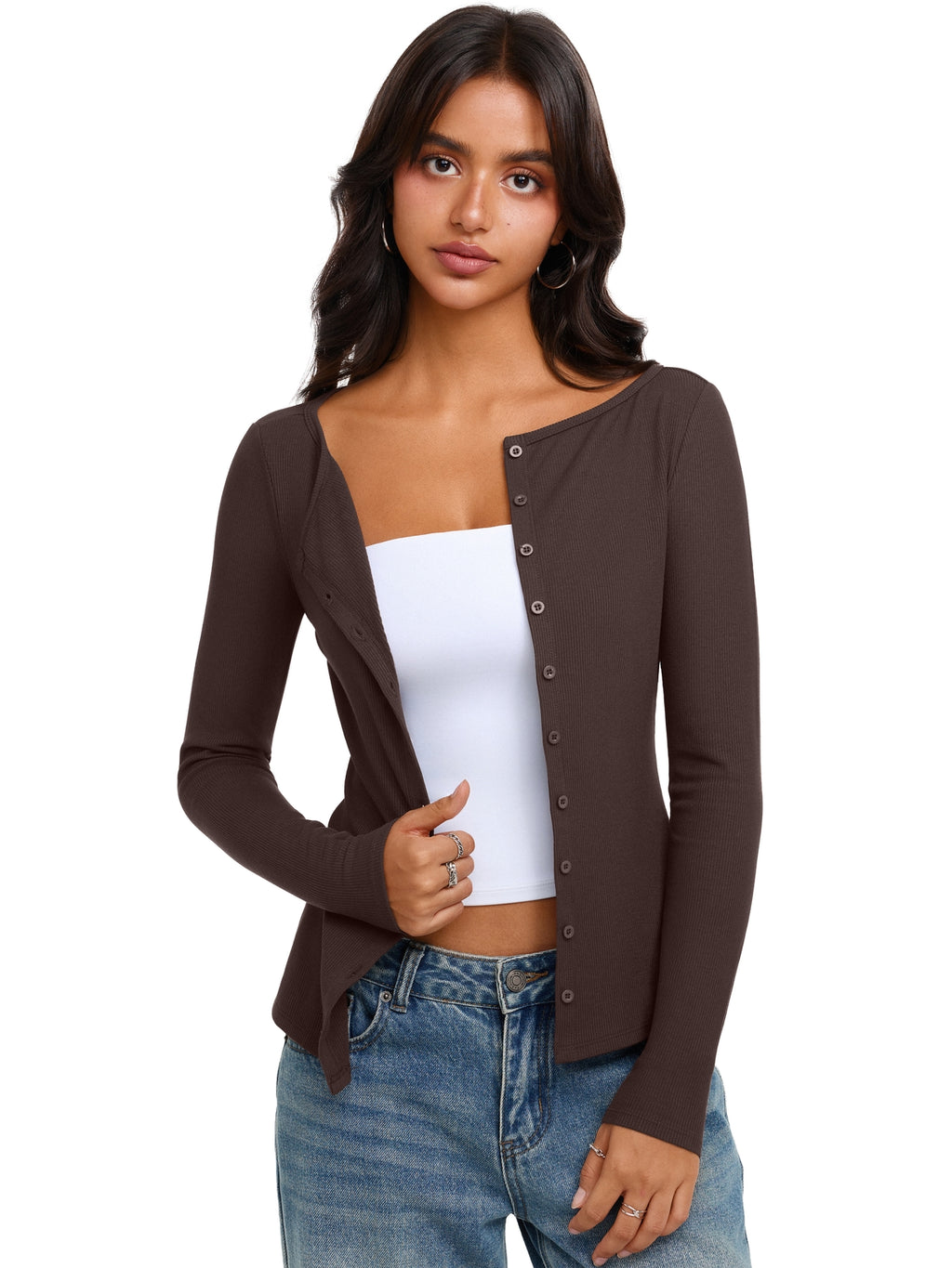 Long Sleeve Boat Neck Button Down Cardigan Top