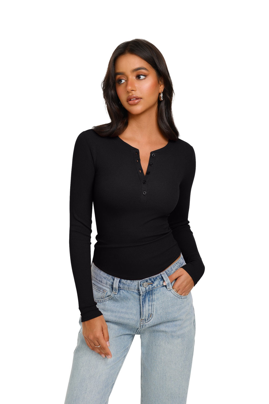 Long Sleeve Henley Shirt Button Ribbed Knit Top