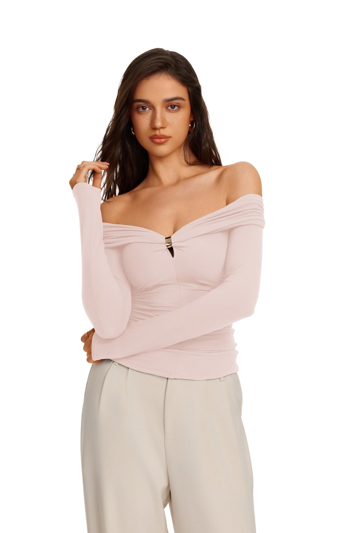 Off Shoulder Long Sleeve Cutout Ring Ruched Slim Fit Top
