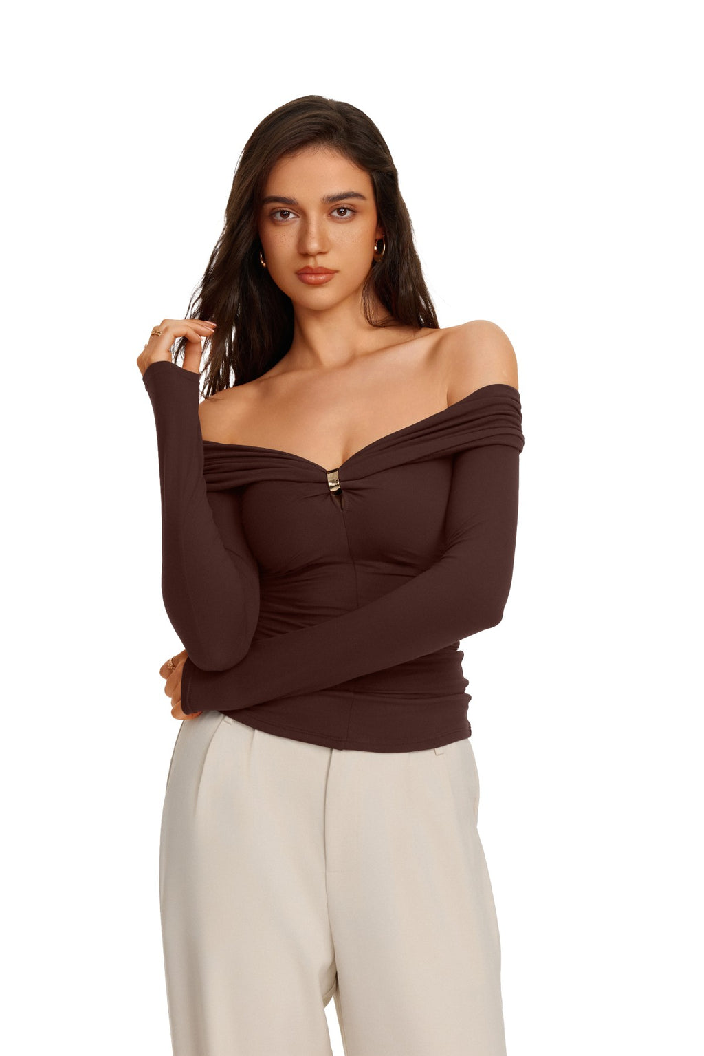 Off Shoulder Long Sleeve Cutout Ring Ruched Slim Fit Top