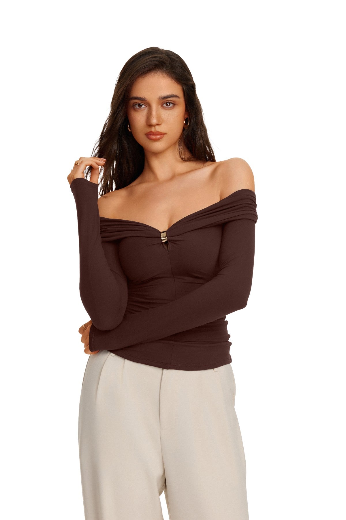 Off Shoulder Long Sleeve Cutout Ring Ruched Slim Fit Top