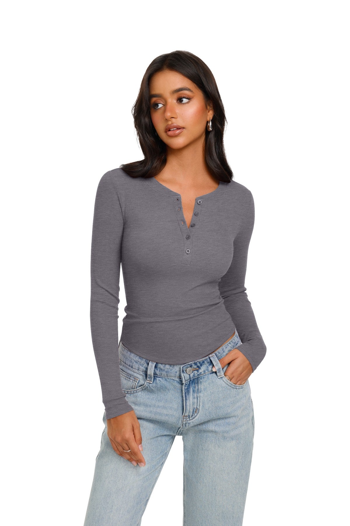 Long Sleeve Henley Shirt Button Ribbed Knit Top