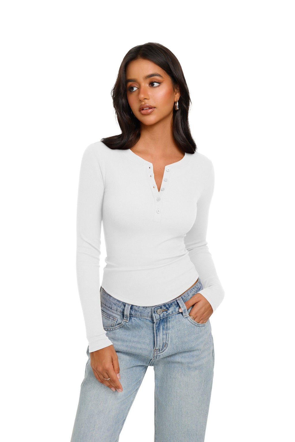 Long Sleeve Henley Shirt Button Ribbed Knit Top