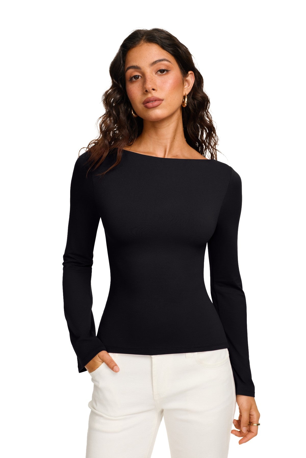 Double Lined Boat Neck Bell Sleeve Crop Top