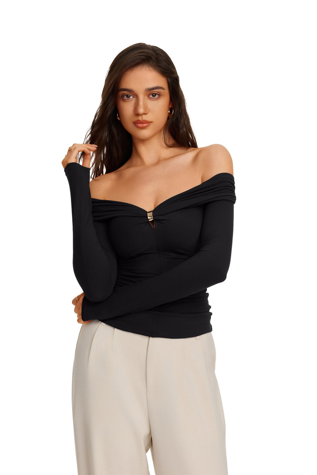 Off Shoulder Long Sleeve Cutout Ring Ruched Slim Fit Top