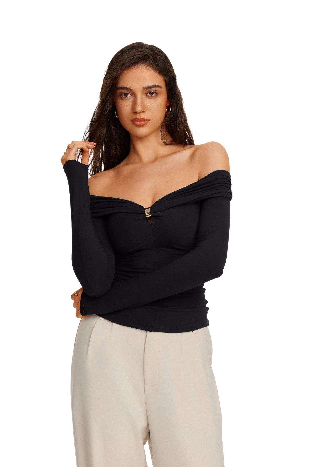 Off Shoulder Long Sleeve Cutout Ring Ruched Slim Fit Top