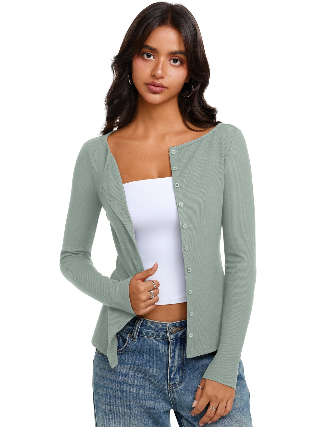 Long Sleeve Boat Neck Button Down Cardigan Top