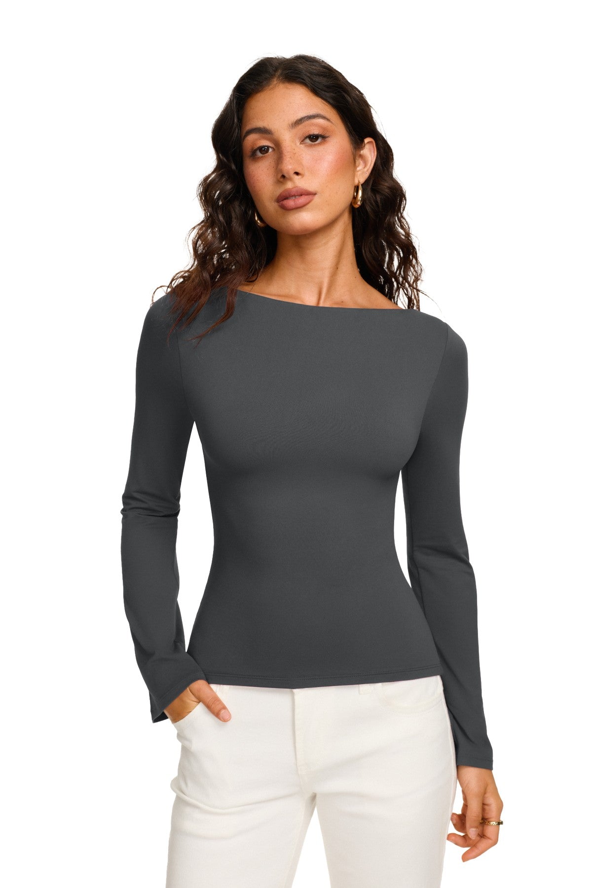 Double Lined Boat Neck Bell Sleeve Crop Top