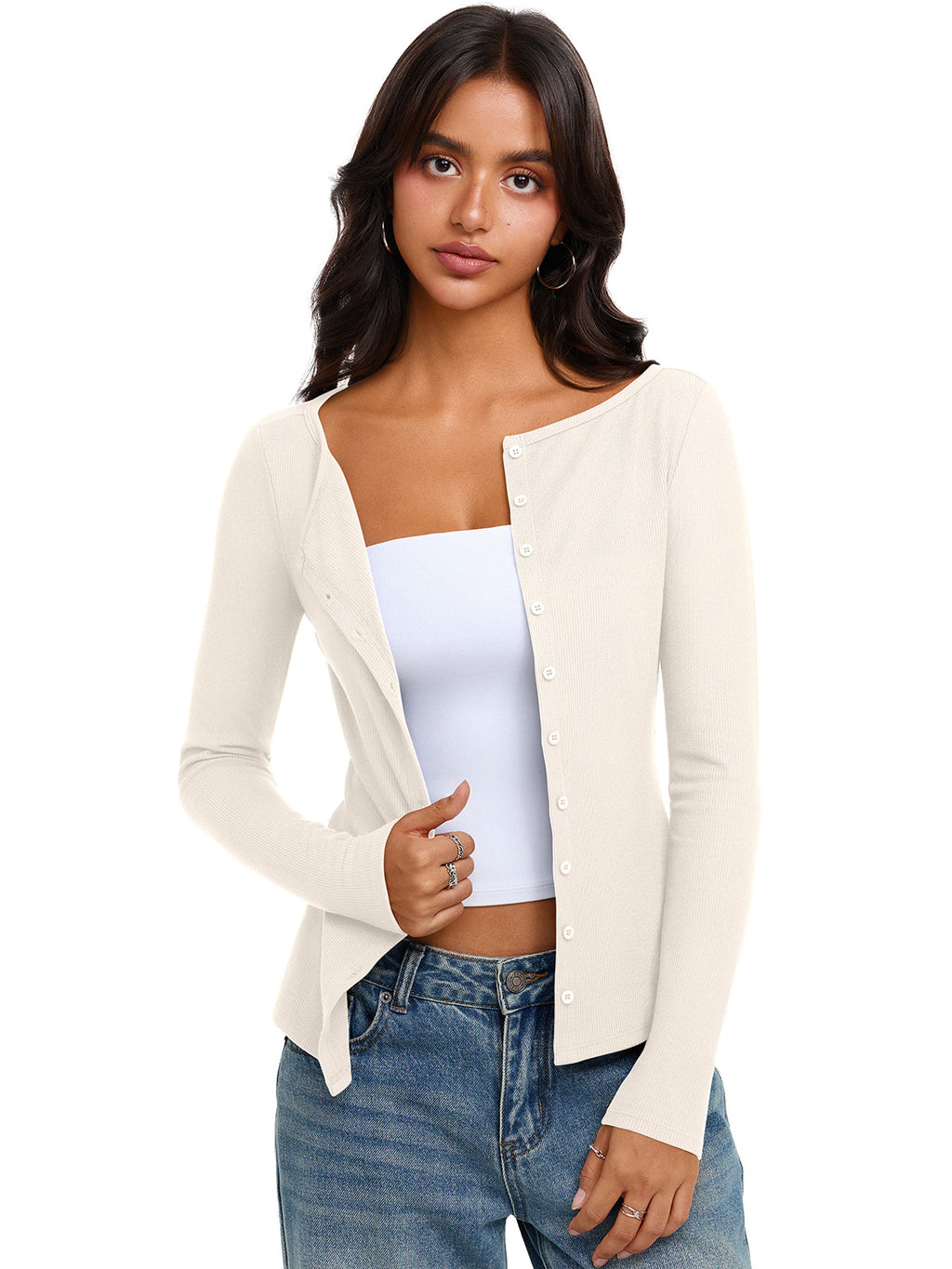 Long Sleeve Boat Neck Button Down Cardigan Top