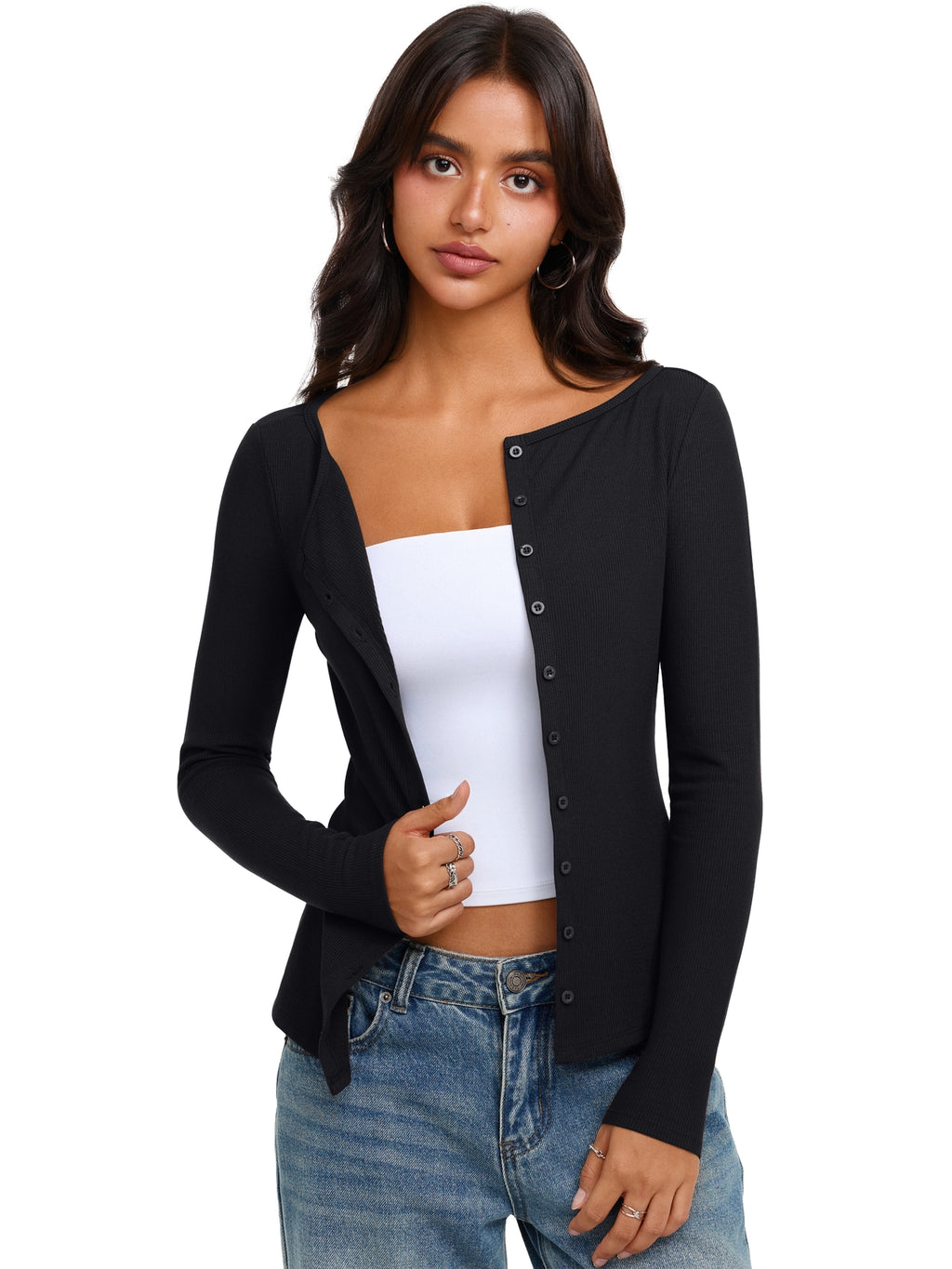 Long Sleeve Boat Neck Button Down Cardigan Top