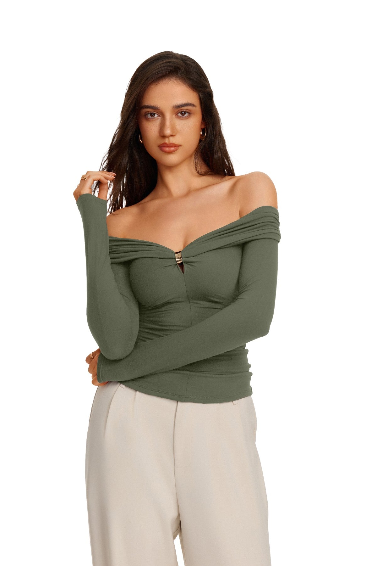 Off Shoulder Long Sleeve Cutout Ring Ruched Slim Fit Top